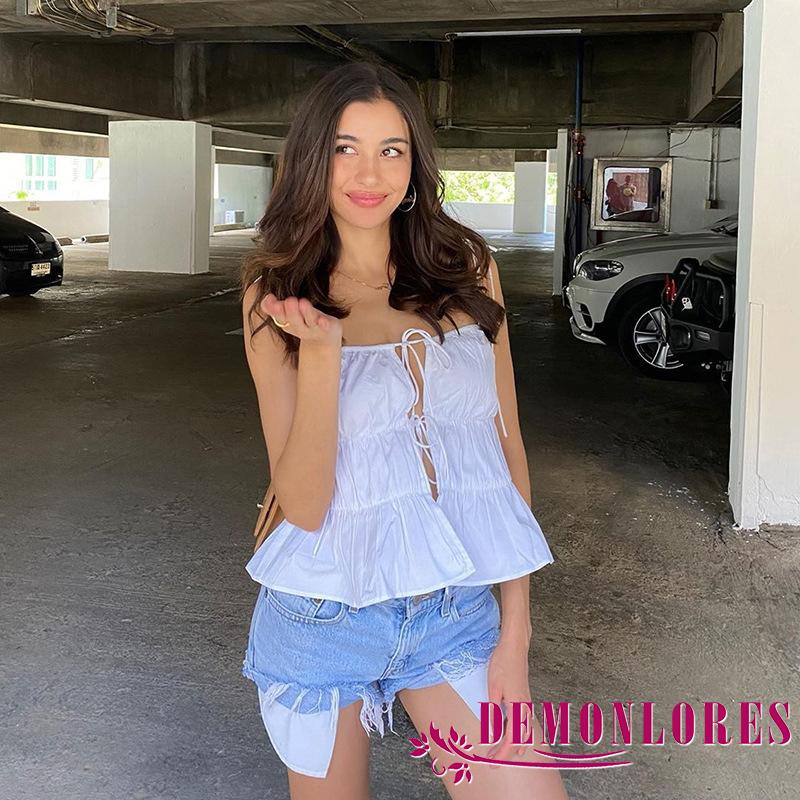 Áo hai dây kiểu dáng xếp nếp cột dây phía trước màu trơn quyến rũ cho nữ