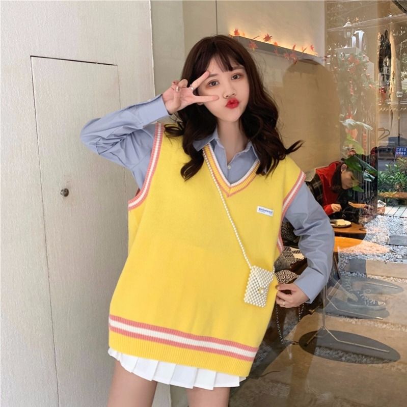 Áo Sweater Dệt Kim Không Tay Cổ Chữ V Thêu Chữ Dáng Rộng Phong Cách Hàn Quốc Cho Nữ Sinh