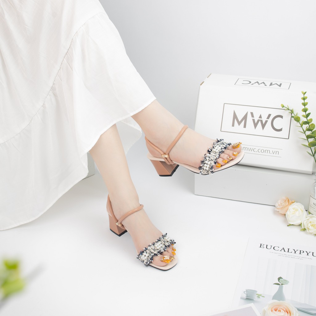 Giày Sandal Cao Gót MWC Đế Vuông 5CM Quai Ngang Phối Ren NUCG-3917