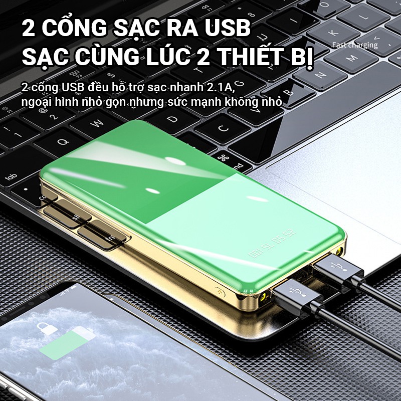 Pin sạc dự phòng Cát Thái Y11D 15000mAh sạc nhanh 2.1A thiết kế mặt kính sang trọng 2 cổng ra 2 cổng vào mỏng nhẹ &amp; nhỏ