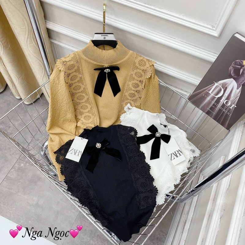 Áo len phối ren tag nơ