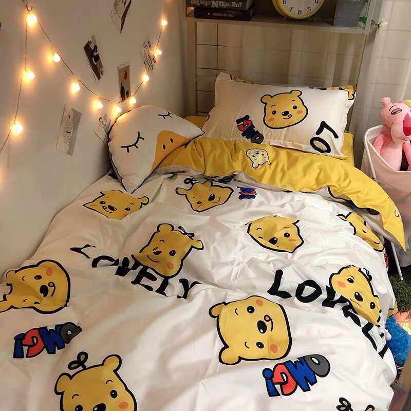 Bộ chăn ga Cotton Poly M2T bedding chăn ga Hàn Quốc họa tiết Gấu vàng đủ size miễn phí bo chun