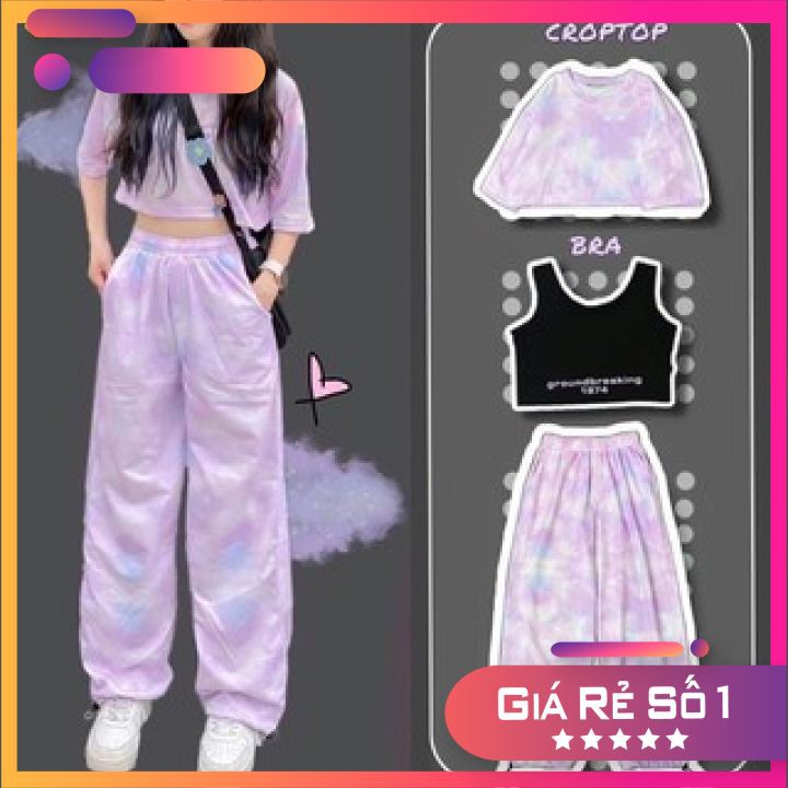 [RẺ VÔ ĐỊCH] Sét 3 Món Áo Croptop Loang + Áo Thun 3 Lỗ 1974 + Quần Bom Chun Ống Cá Tính, Trẻ Trung, Năng Động