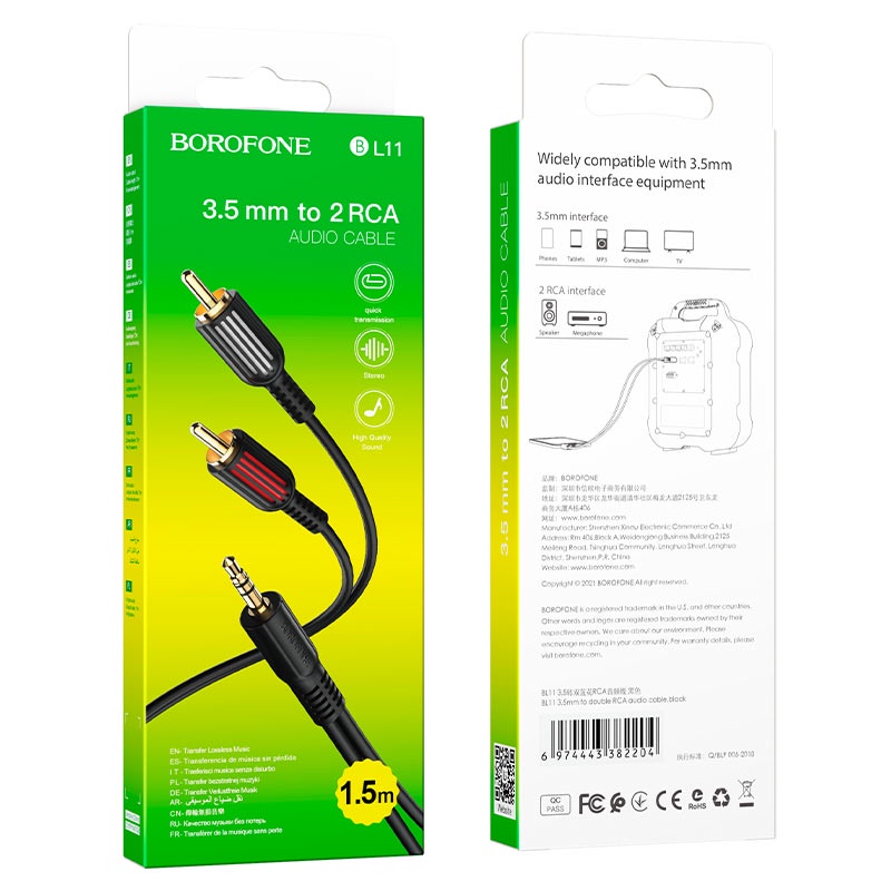 Cáp jack chuyển AV Borofone BL11 AUX âm thanh jack 3.5 chia đôi  RCA hoa sen