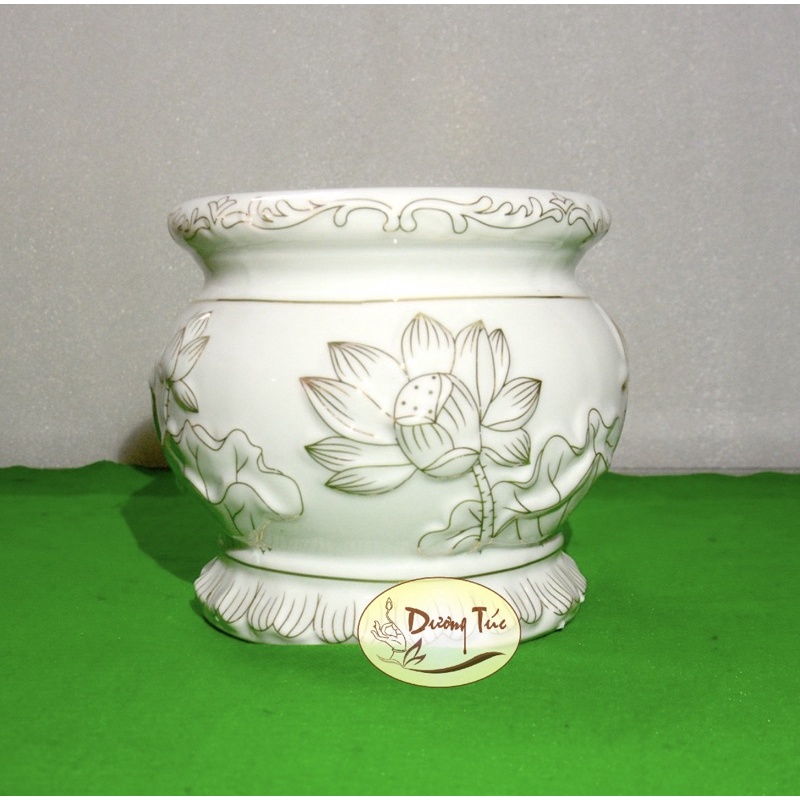 Lư Hương (Bát nhang) Bằng Sứ Cao Cấp - Bạch Ngọc Sen Nổi Loại 1