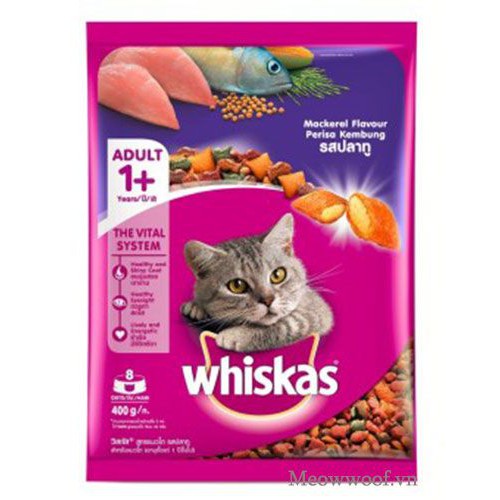 [Mã PET50K giảm Giảm 10% - Tối đa 50K đơn từ 250K] Thức ăn hạt khô cho mèo Whiskas vị cá thu/ cá biển gói 400g