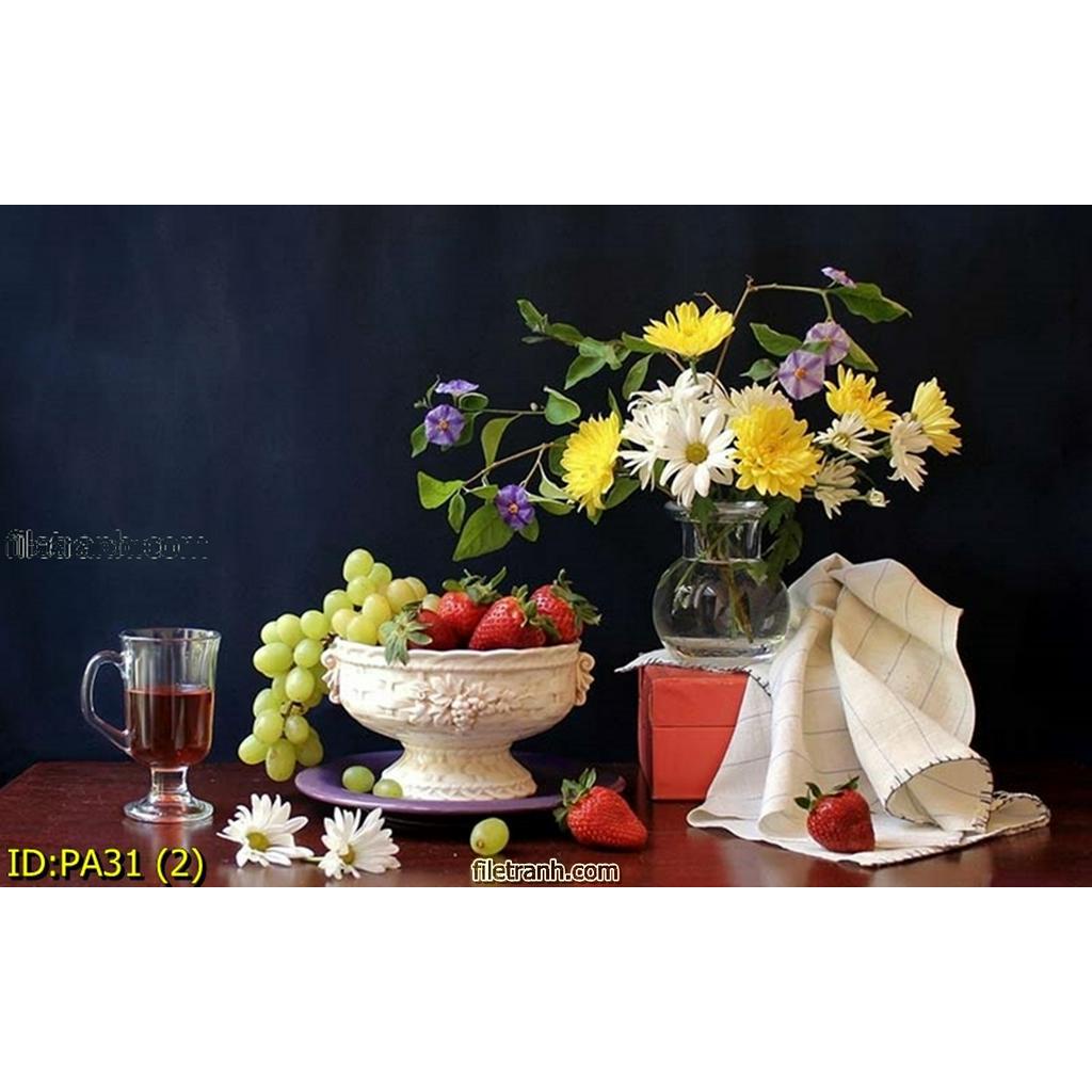 Tranh dán tường phòng bếp - tranh 3d hình trái cây, mâm quả dán phòng ăn