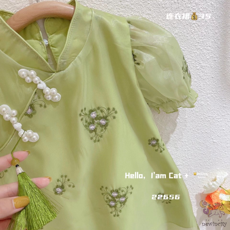 Đầm Sườn Xám Phối Lưới Thiết Kế Phong Cách Trung Hoa Dễ Thương Thời Trang Mùa Hè Cho Bé Gái