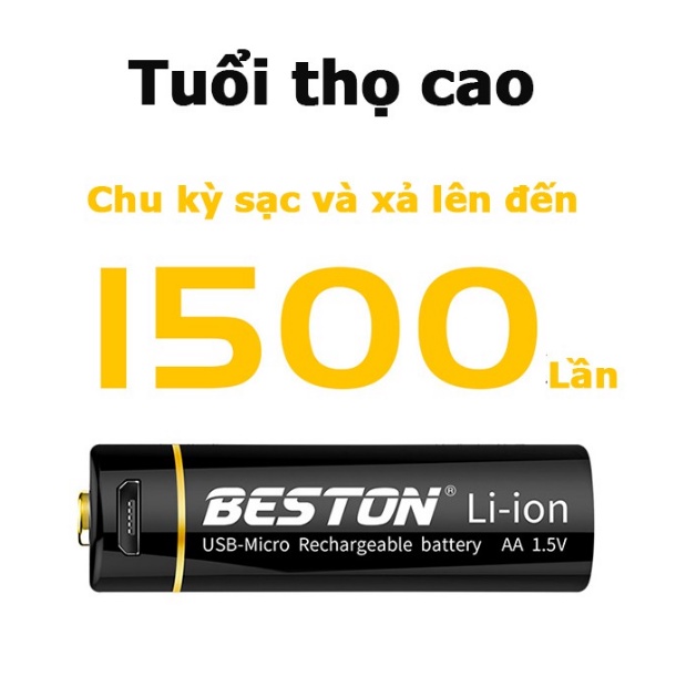 Bộ 2 Viên Pin Tiểu Sạc BESTON AA 1.5V Li-ion Tự Sạc Bằng Cáp Sạc Dùng Cho Máy Ảnh, Mic Hát Karaoke, Đồ Chơi trẻ em