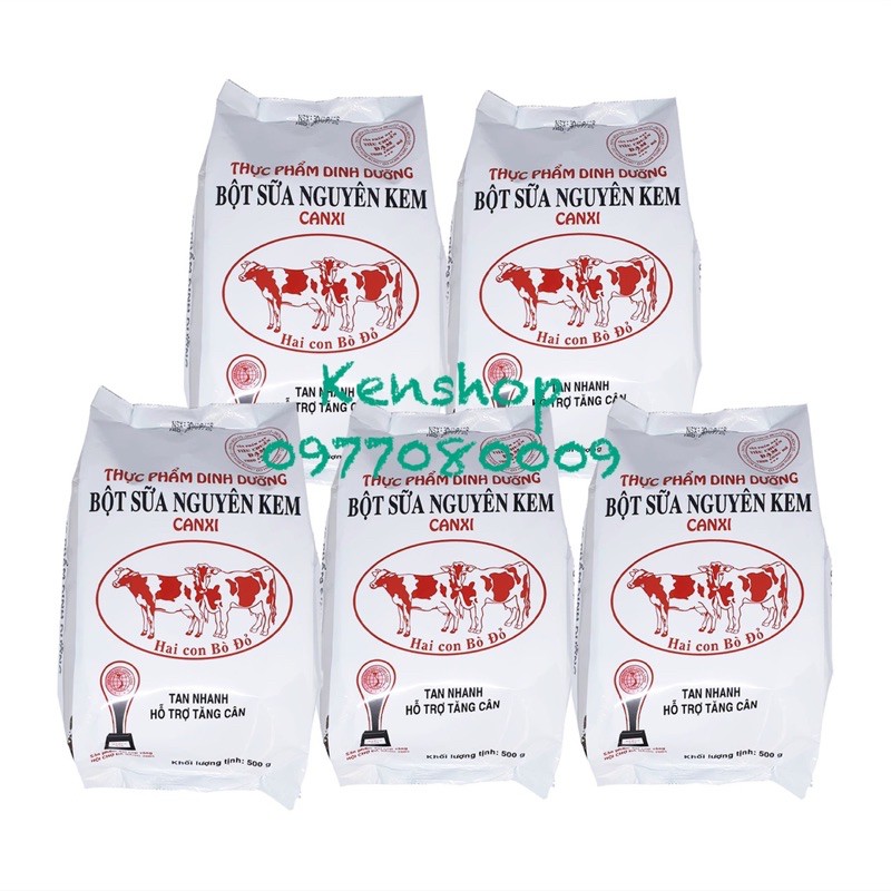 5 bịch Sữa Bột nguyên kem Hai Con Bò Đỏ