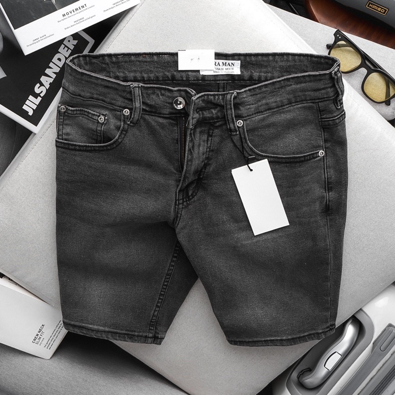 Quần short jean nam màu xám đen lửng slimfit co giãn suông