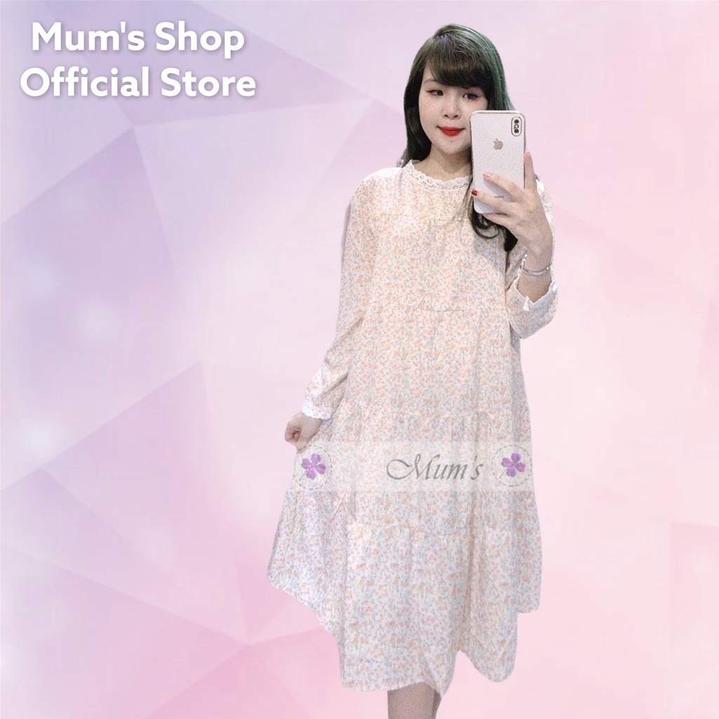 Đầm bầu Mum's shop VH152 Váy voan hoa nhí cam 3 tầng siêu dễ thương, mẹ bầu mặc đi chơi đi làm đều xinh