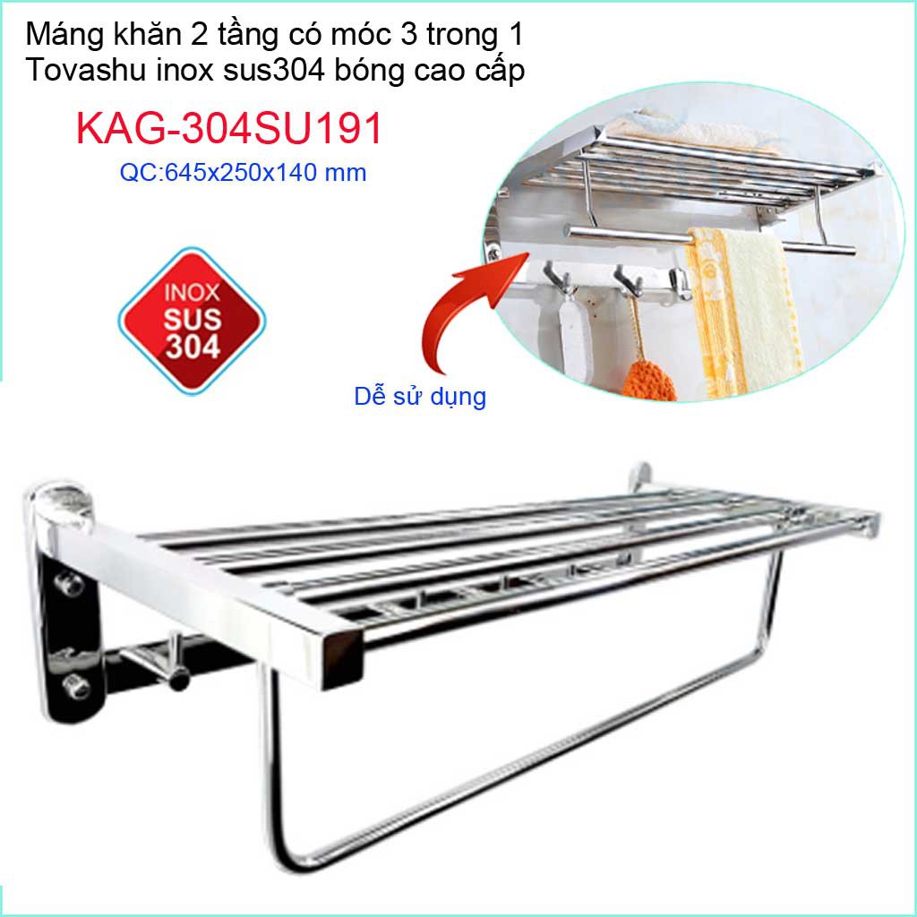 Thanh treo khăn tắm Tovashu KAG-304SU191, Giá treo khăn phòng tắm Inox hộp cao cấp SUS304 Nhật Bản