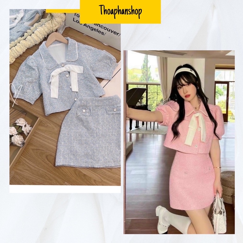 SET ÁO DẠ CROPTOP NƠ CỔ + CHÂN VÁY HAI MÀU[kèm ảnh thật ]