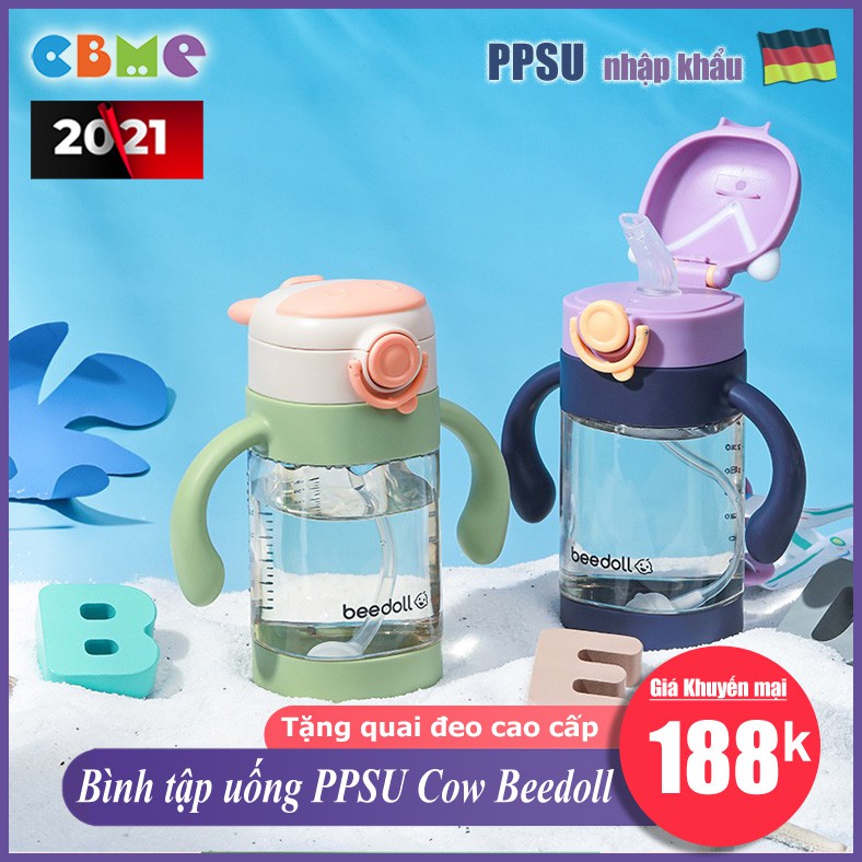 Bình tập uống cho bé từ 6 tháng tuổi Beedoll 320ml, chất liệu PPSU cao cấp, tặng dây đeo