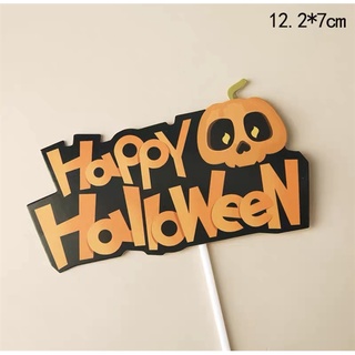 Que cắm Happy Halloween chữ cam + đầu lâu bí ngô