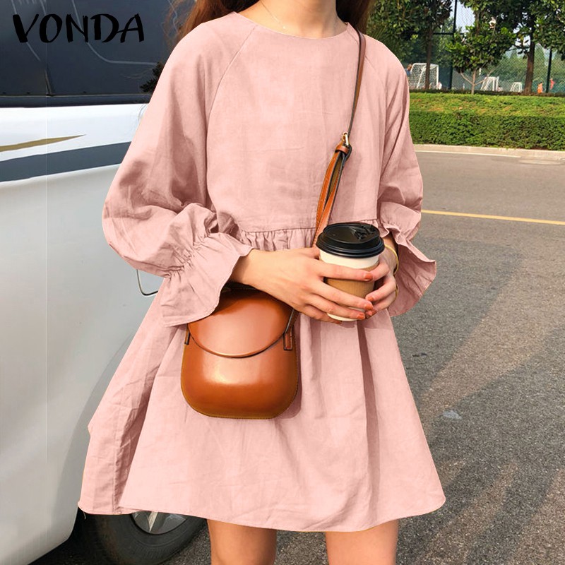 Đầm ngắn VONDA tay dài xếp nếp 1 màu thời trang ngày nghỉ cho nữ | BigBuy360 - bigbuy360.vn