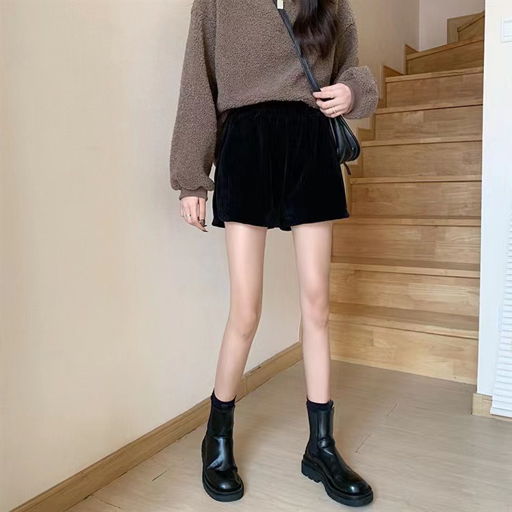 SUXI Quần Short Nhung Kẻ Lưng Cao Phong Cách Thời Trang Hàn Quốc Mới