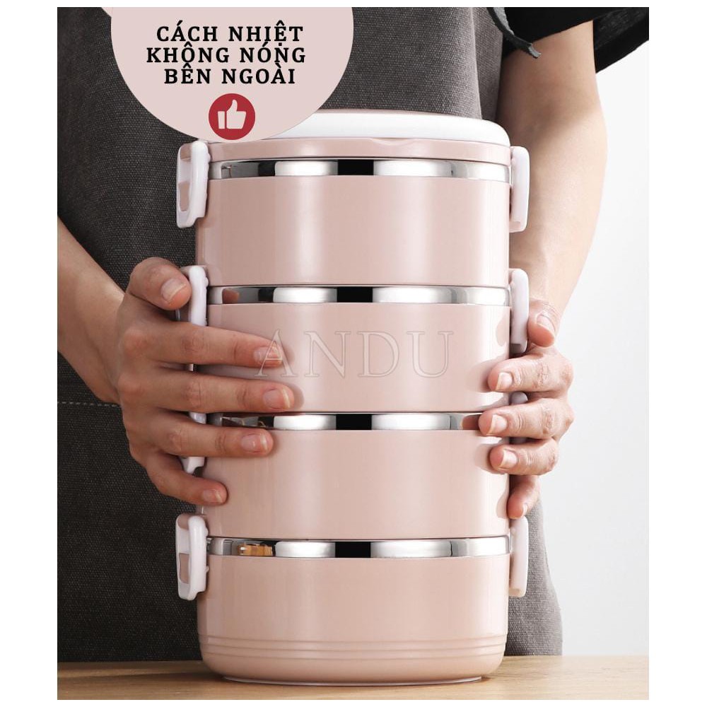 Hộp Đựng Cơm Văn Phòng Giữ Nhiệt 4 Tầng, Cặp Lồng Đựng Cơm Bằng Lúa Mạch Lõi Inox Cao Cấp Tiện Dụng