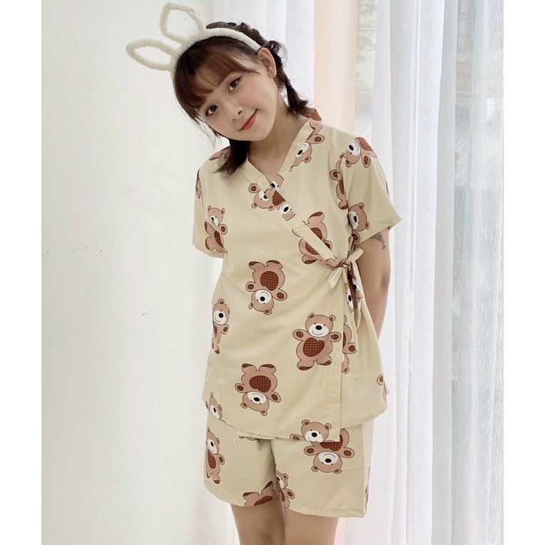 Bộ Đồ Ngủ Nữ Mặc Nhà Ngắn Tay Pijama Kimono Cộc Tay Vạt Chéo Họa Tiết Dễ Thương