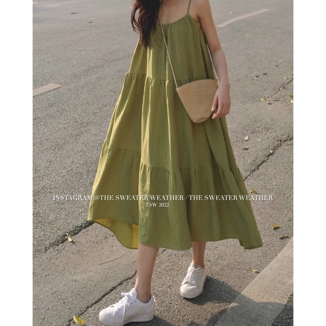 Đầm hai dây maxi 3 tầng đi biển, Váy babydoll hai dây chất đũi chữ A xoè rộng