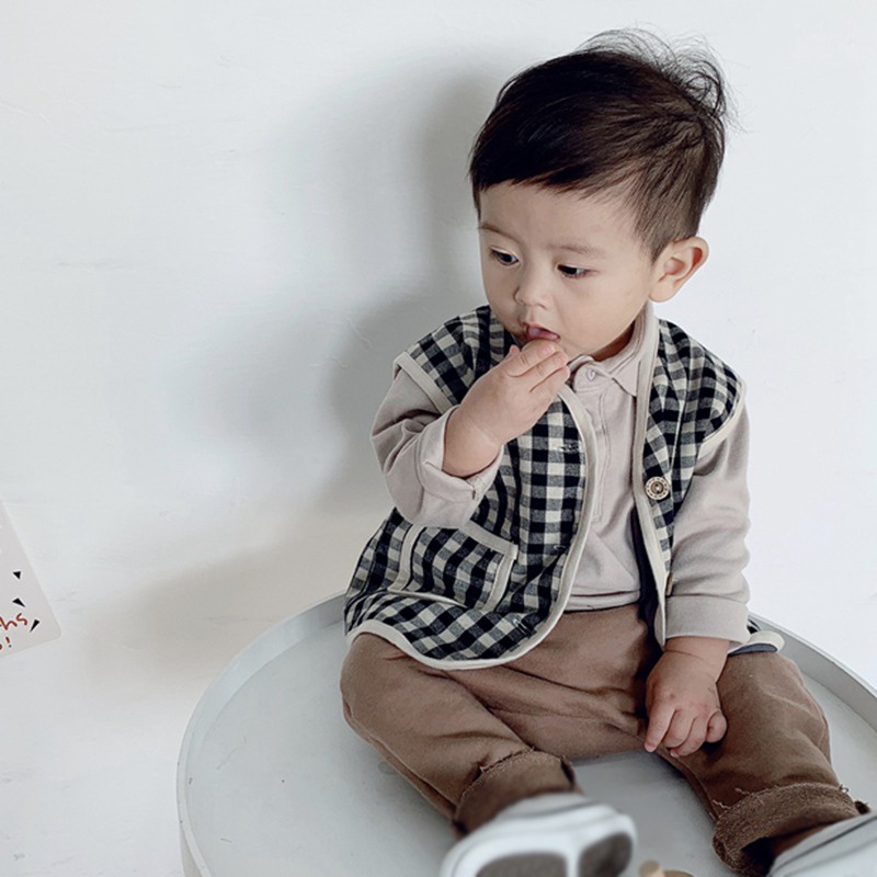 Áo ghi lê Cardigan không tay vải lông cừu cotton họa tiết kẻ sọc cổ chữ V ấm áp thời trang cho bé
