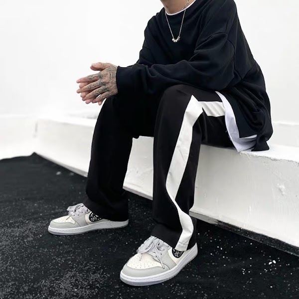 Quần Thun Ống Rộng Suông Nam Nữ Sọc Xuông Phối Line Quần Dài Phong Cách Streetwear Co Giãn Không Nhăn Thoáng Mát Unisex