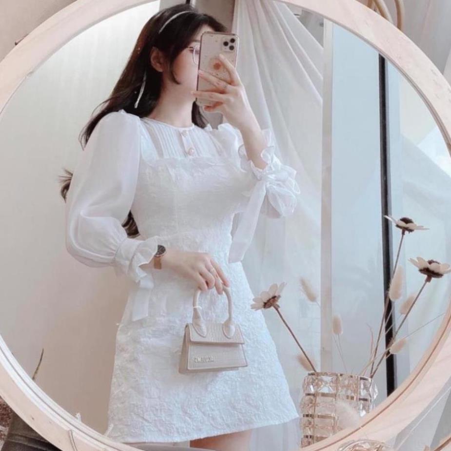 Váy Trắng Dài Tay COLAU, Váy Tay Bồng Dự Tiệc Đầm Nữ Thiết Kế Đi Tiệc Đi Chơi Tết Đẹp Thời Trang Size S M L .