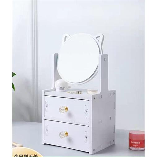 Kệ Mỹ Phẩm Mini, Kệ Để Đồ Trang Điểm Có Kèm Gương Tai Mèo Dễ Thương