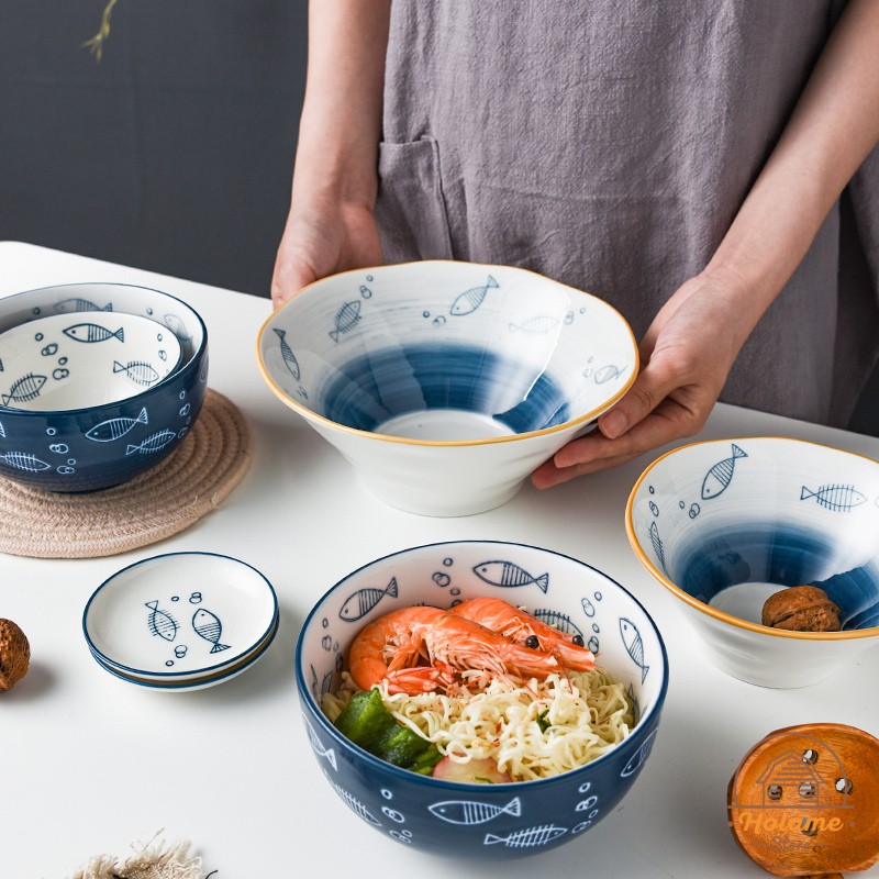 Bát đĩa sứ đẹp họa tiết cá xanh đáng yêu , bát đĩa lẻ Holame