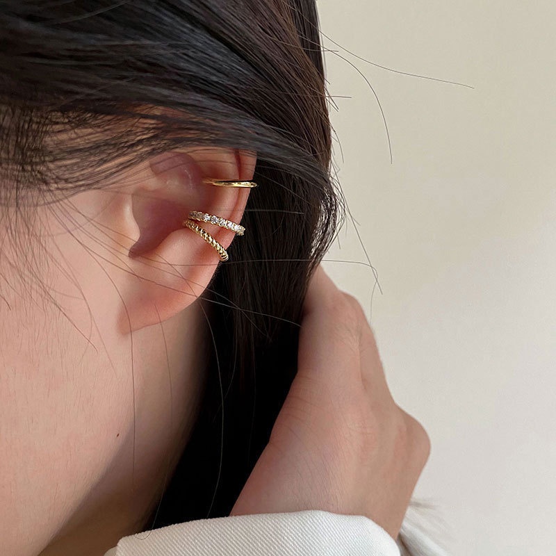 Khuyên tai dạng kẹp không xỏ lỗ đính đá zircon phối dây chuỗi tua rua phong cách hip hop cổ điển dành cho nữ