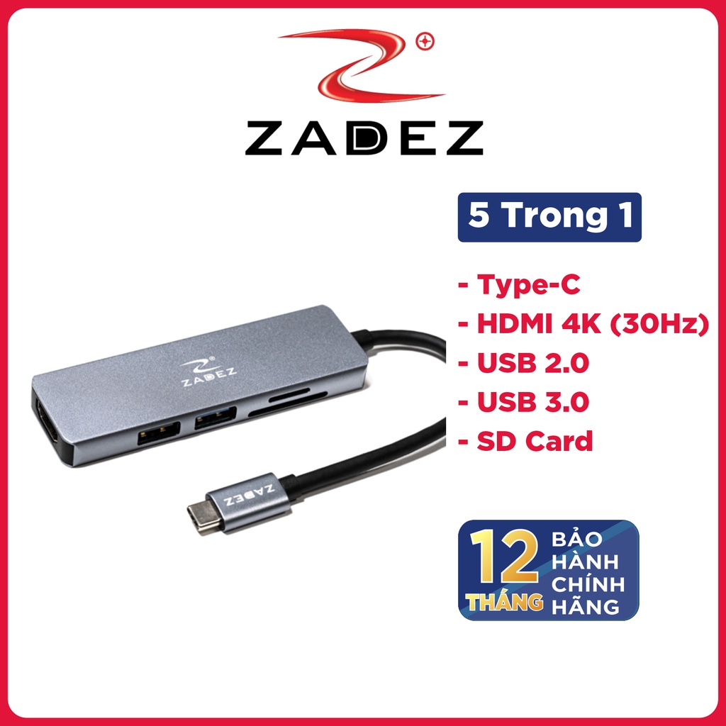 Hub Type C to HDMI 4K 30Hz/ USB 3.0/ MicroSD/ SD/ USB 2.0 (5 in 1) ZADEZ ZAH515 - Hàng Chính Hãng