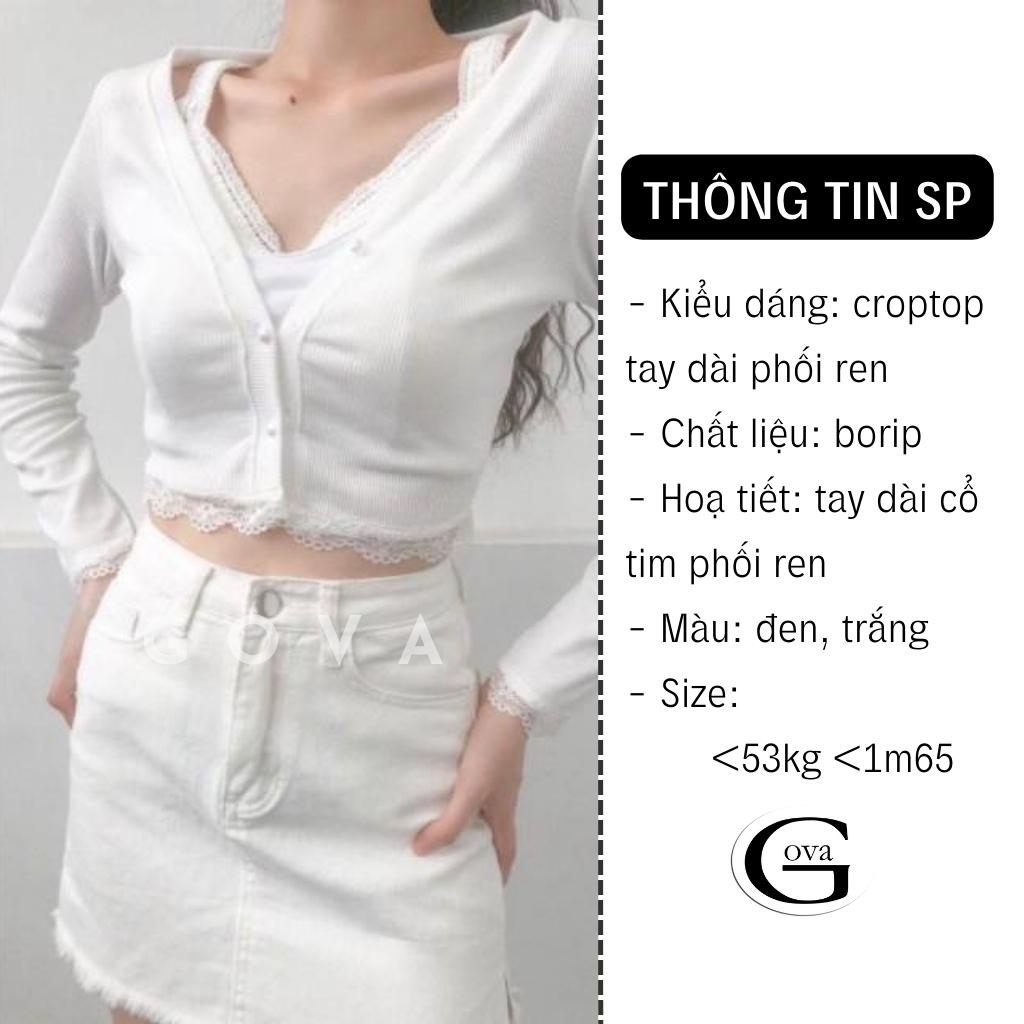 Áo Croptop tay dài phối ren Hot Trend Áo kiểu nữ ôm chất thun Cao Cấp gân mềm mát
