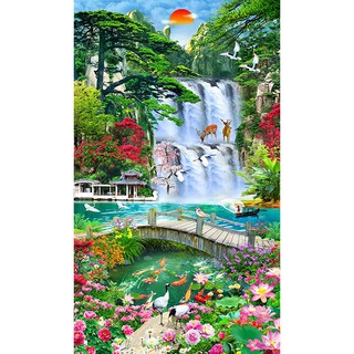 Tranh dán tường khổ dọc VTC Tranh phong thủy tùng hạc diên niên UD1192 kim sa