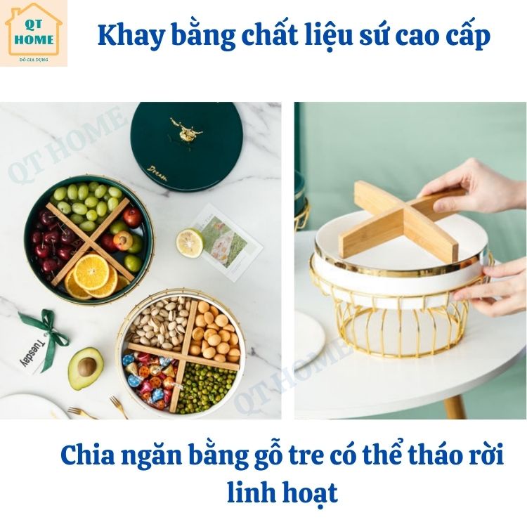 Khay Đựng Mứt Kẹo, Trái Cây, Chất Liệu Sứ, Thố Sứ Tròn, Họa Tiết Mèo Thần Tài, Nắp Sứ Và Gỗ, Đường Kính 22cm