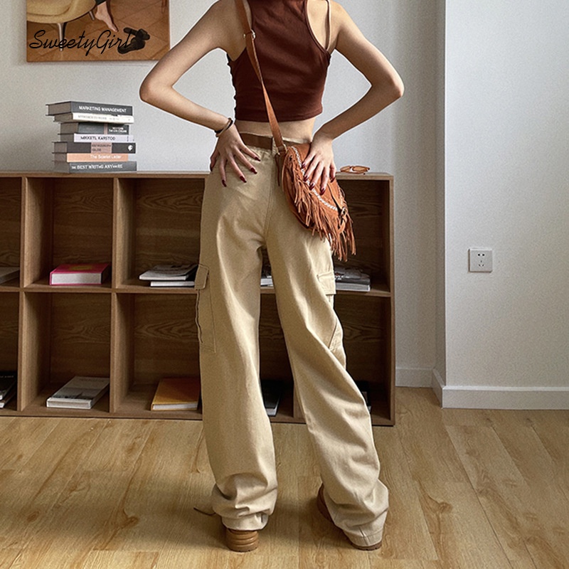 Quần Kaki Lưng Thấp Dáng Rộng Màu Trơn Có Túi Cài Nút Thời Trang 2022 Cho Nữ