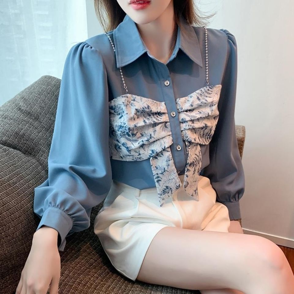 Áo Sơ Mi Chiffon Tay Dài Giả Hai Lớp Phong Cách Âu Mỹ Thời Trang Xuân Thu Mới Cho Nữ