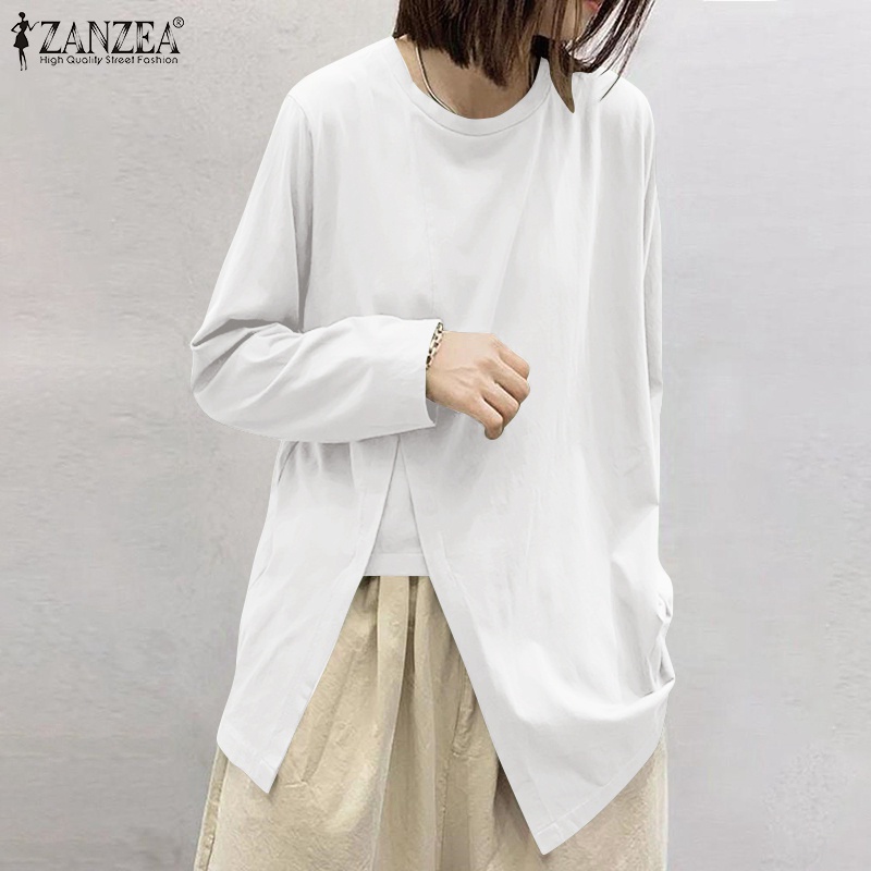 Áo thun Zanzea cổ tròn xẻ tà dài tay thời trang Hàn Quốc cho nữ