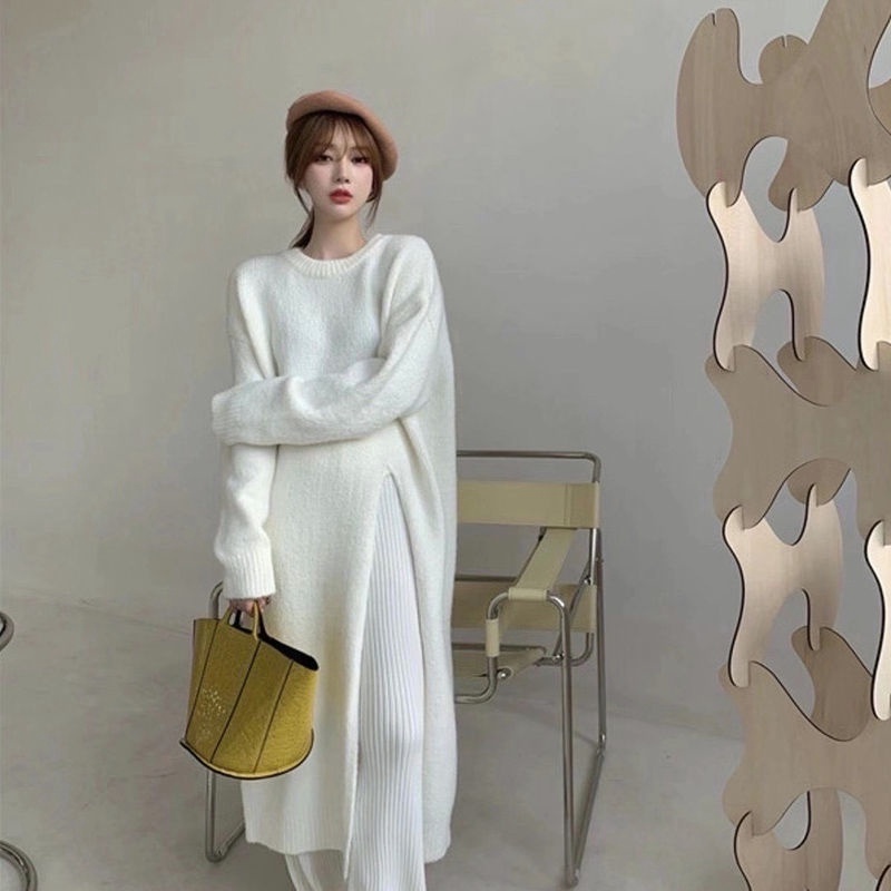 Áo Len Nữ Dài Tay Cổ Tròn Xẻ Tà Thời Trang Hàn