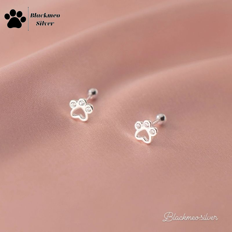 Bông Tai Bạc Hình Chân Mèo Đính Đá Chuôi Bi Tròn 100% Bạc Ý 925 - Blackmeo Silver