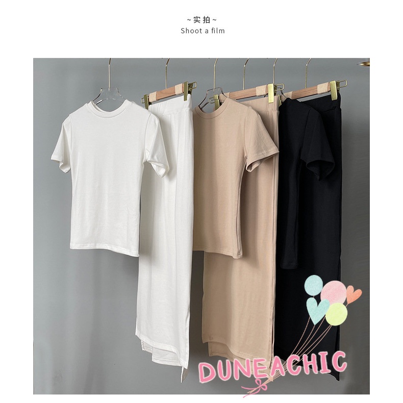 DUNEA Set đồ gồm áo thun ngắn tay và chân váy xẻ tà phong cách quyến rũ