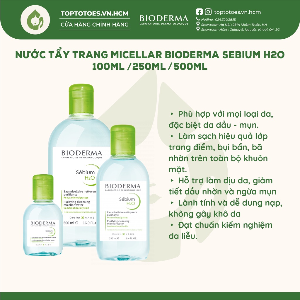 Nước tẩy trang Bioderma xanh Micellar Sebium H2O cho da dầu mụn 100ml/ 250ml/ 500ml [NHẬP KHẨU CHÍNH HÃNG 100%]