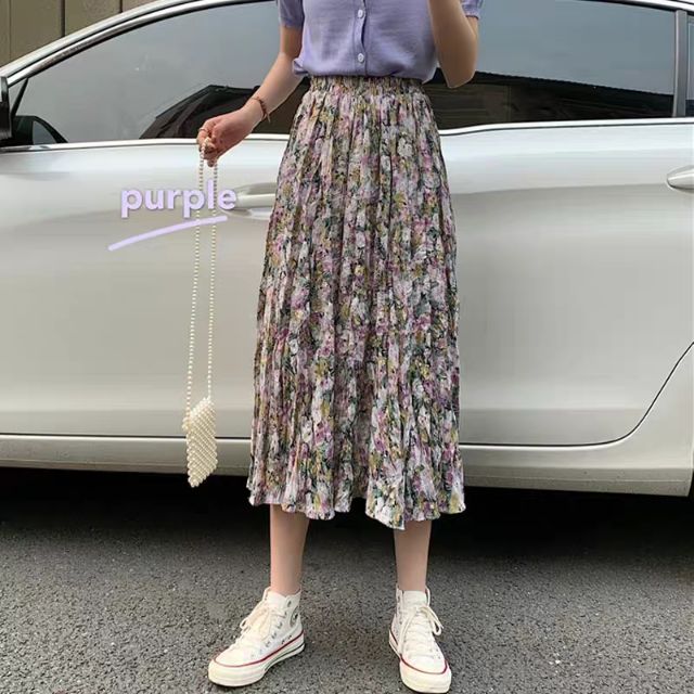 Hàng có sẵn -  Chân váy hoa nhí dài có lót trong