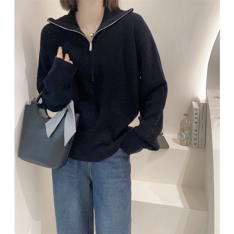 Áo dệt kim ZHELIHANGFEI tay dài dáng rộng phối khóa kéo phong cách Hàn Quốc dễ phối đồ