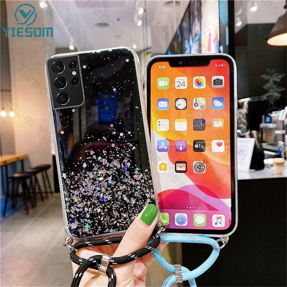 Ốp Điện Thoại Silicon Mềm Trong Suốt Đính Kim Tuyến Có Dây Đeo Sang Trọng Cho Samsung S22 S21 S20 Ultra Plus S21FE S20FE