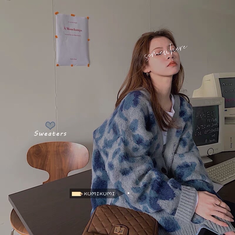 Áo cardigan len hoạ tiết da báo loang màu dày dặn