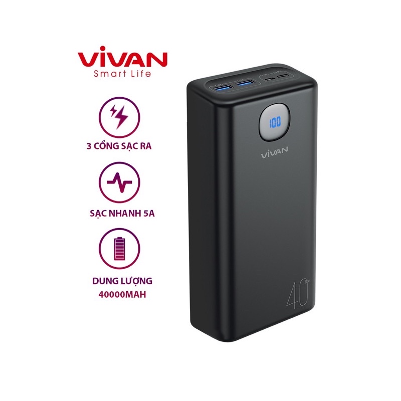 Sạc dự phòng kèm sạc nhanh dung lượng 40.000mAh, PD/Q.3.0/Vooc 22.5W Vivan VPB-B40