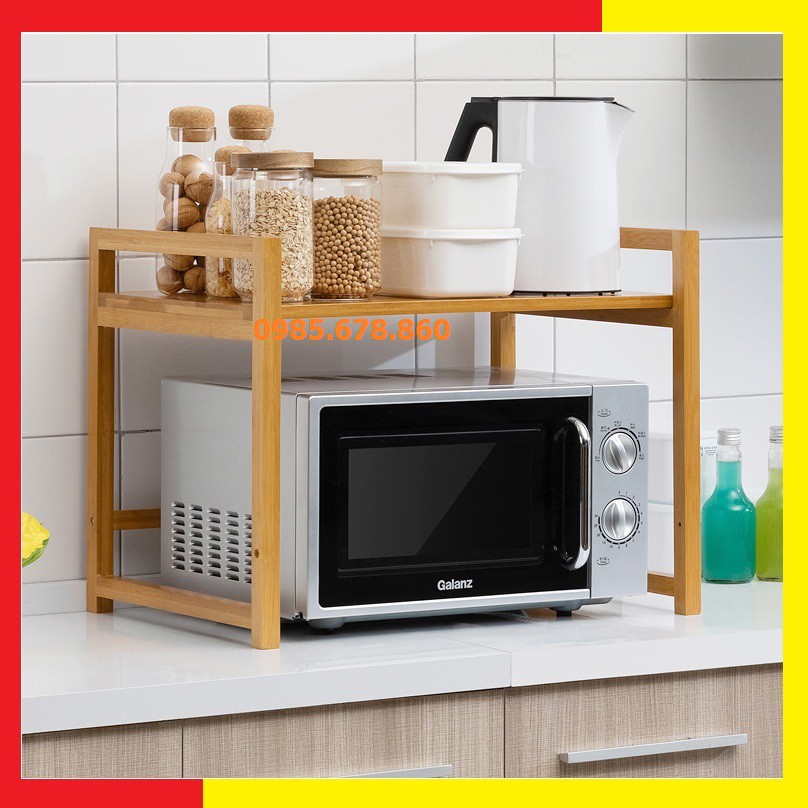 Kệ đề Lò Vi Sóng bằng Gỗ Tre tự nhiên, có khay để đồ gia vị tiện lợi