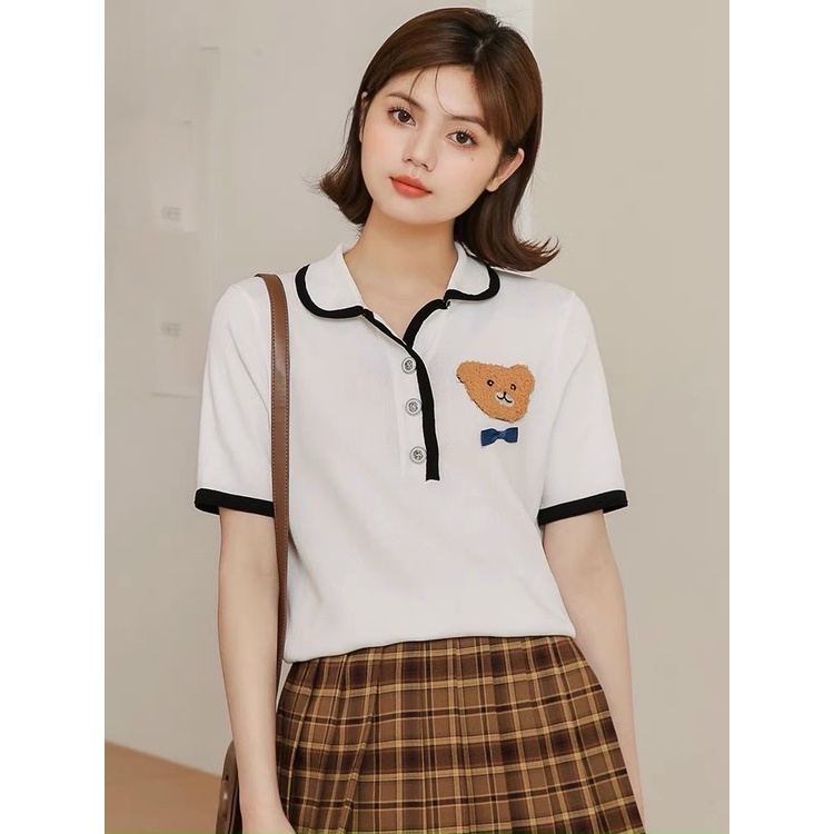 [L2M] Áo len nữ Montoghi dệt kim Quảng Châu cổ bẻ thêu hình GẤU nổi đính kèm NƠ xinh xắn thanh lịch và dễ thương