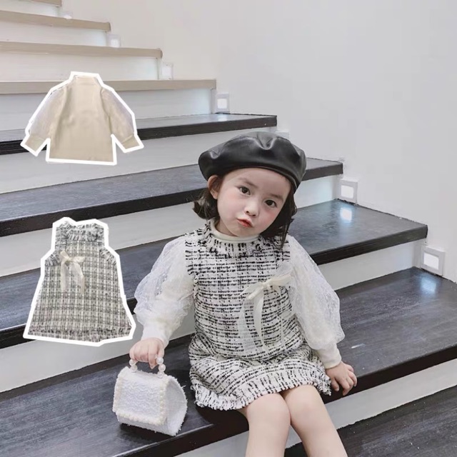 Sét áo mix vây dạ đính nơ siêu xinh cho bé